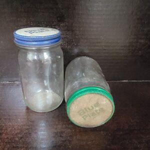 Vintage Blue Plate Real Mayonnaise Jars 4.5 Inches Lot of 2 Blue Green Lids